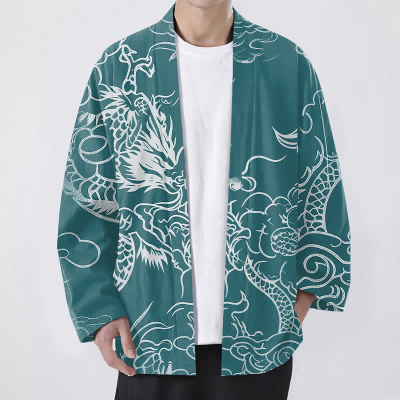 Buddha Stones Kimono de algodón con estampado tradicional de dragón y nube, abierto por delante para hombre. - Verde azulado - US/UK/AU48, UE58 (4XL) - image 6