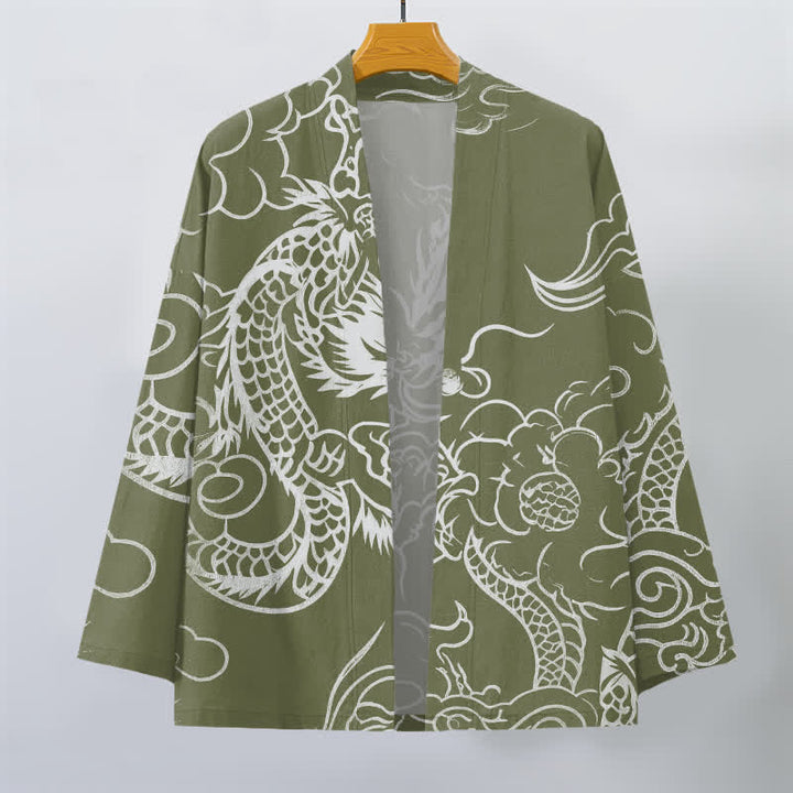 Buddha Stones Kimono de algodón con estampado tradicional de dragón y nube, abierto por delante para hombre. - image 10