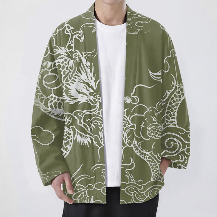 Buddha Stones Kimono de algodón con estampado tradicional de dragón y nube, abierto por delante para hombre. - Verde oliva - US/UK/AU48, UE58 (4XL) - image 9