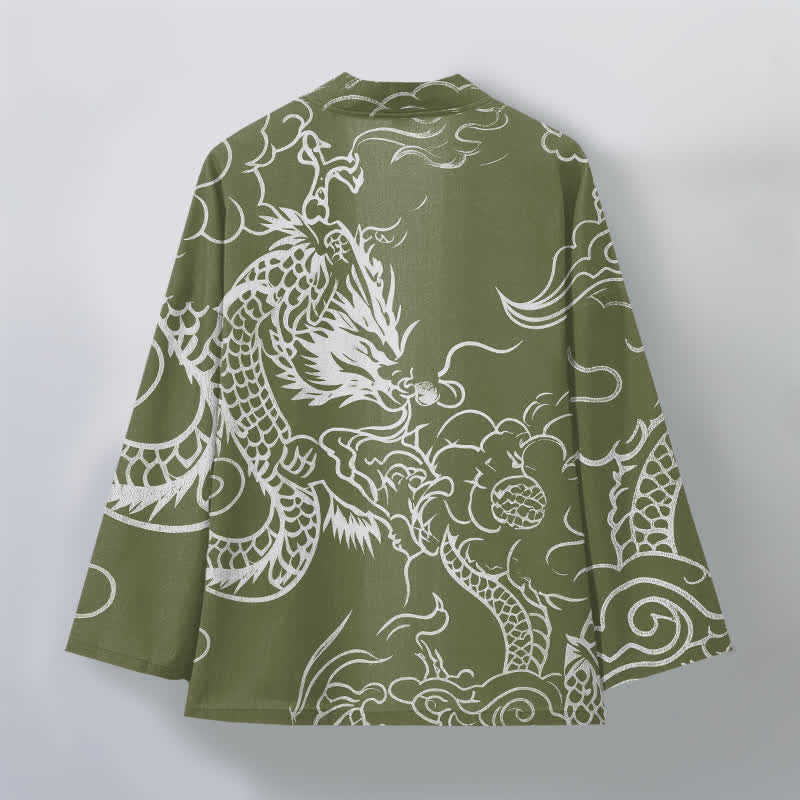 Buddha Stones Kimono de algodón con estampado tradicional de dragón y nube, abierto por delante para hombre. - image 11