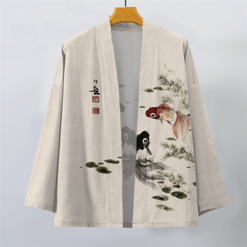 Buddha Stones Kimono de hombre de algodón rojo y negro con estampado de loto koi y frente abierto - image 1