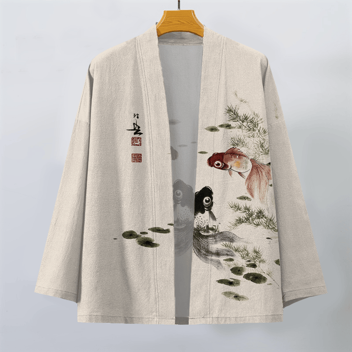 Buddha Stones Kimono de hombre de algodón rojo y negro con estampado de loto koi y frente abierto - image 1