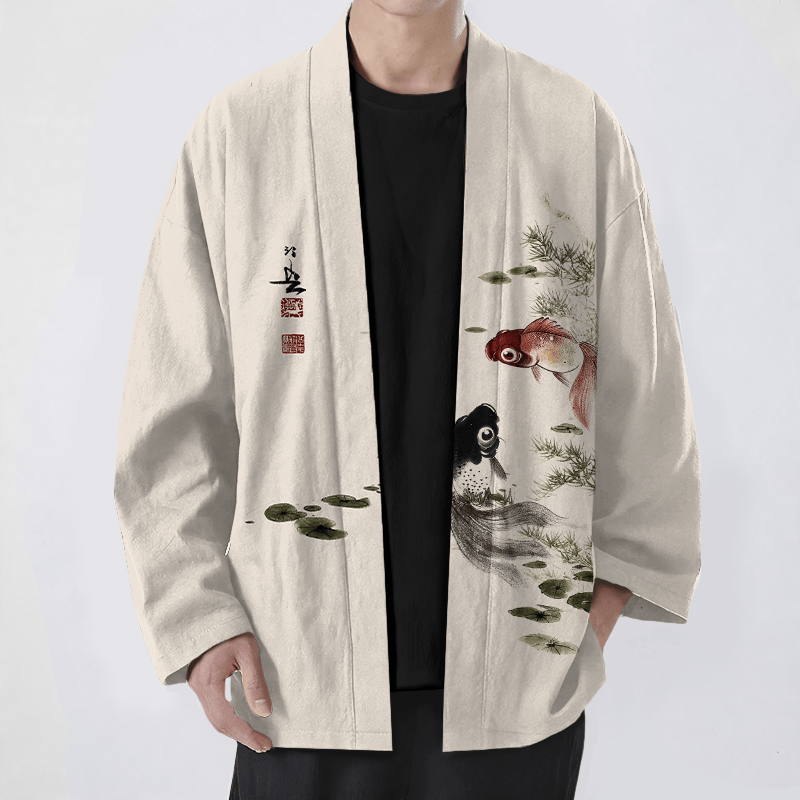 Buddha Stones Kimono de hombre de algodón rojo y negro con estampado de loto koi y frente abierto - Beige - US/UK/AU48, UE58 (4XL) - image 0