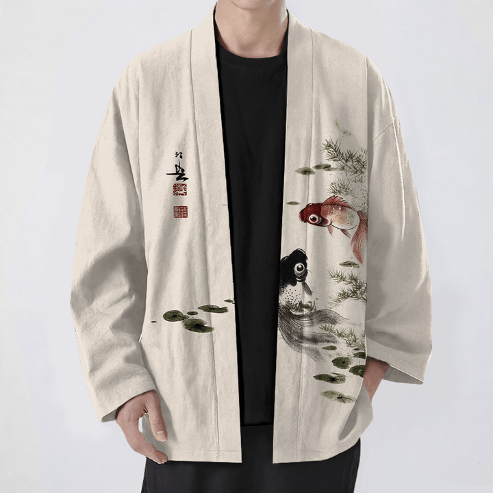Buddha Stones Kimono de hombre de algodón rojo y negro con estampado de loto koi y frente abierto - Beige - US/UK/AU48, UE58 (4XL) - image 0
