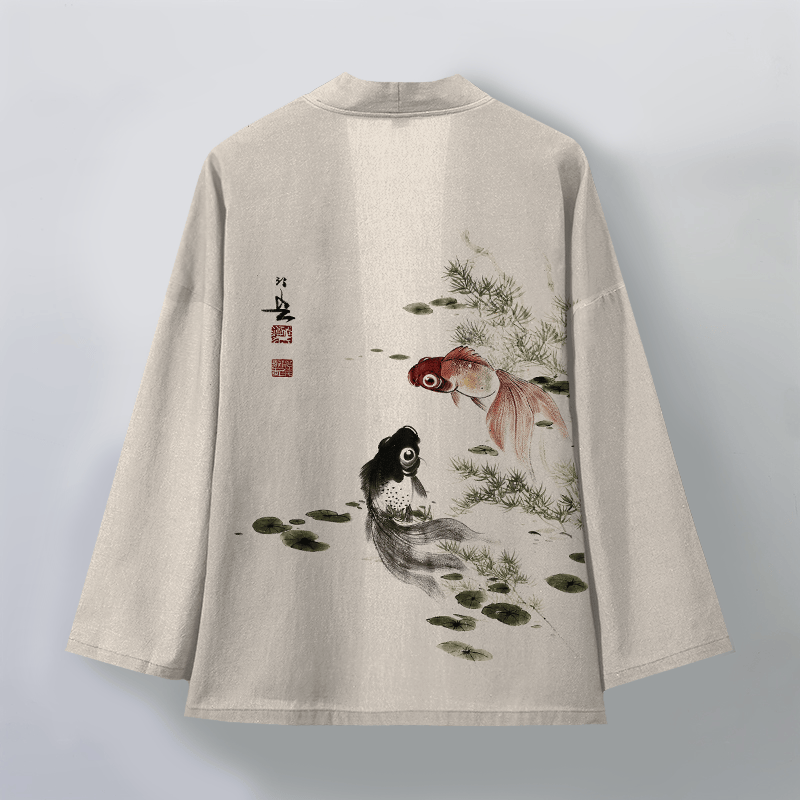 Buddha Stones Kimono de hombre de algodón rojo y negro con estampado de loto koi y frente abierto - image 2