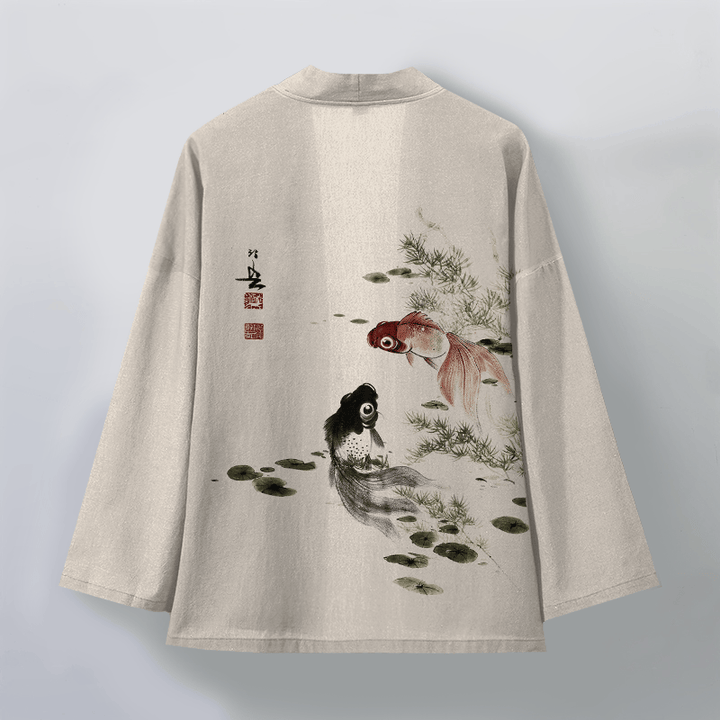 Buddha Stones Kimono de hombre de algodón rojo y negro con estampado de loto koi y frente abierto - image 2