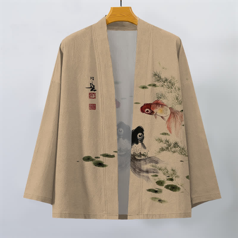 Buddha Stones Kimono de hombre de algodón rojo y negro con estampado de loto koi y frente abierto - image 7