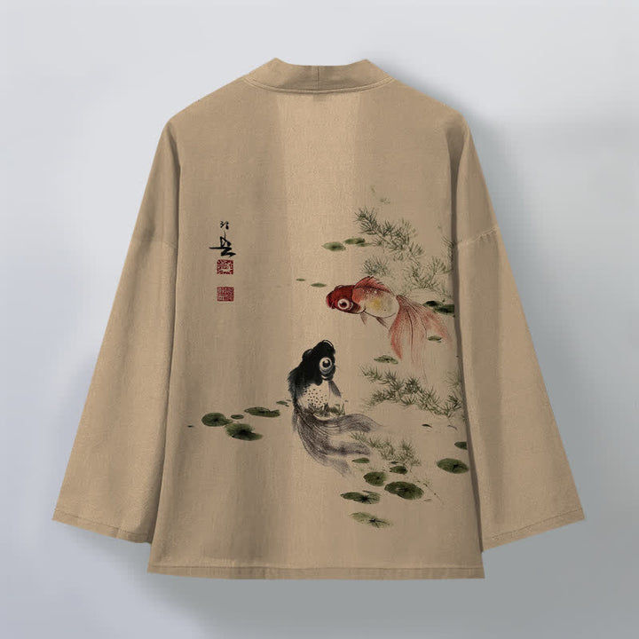 Buddha Stones Kimono de hombre de algodón rojo y negro con estampado de loto koi y frente abierto - image 8