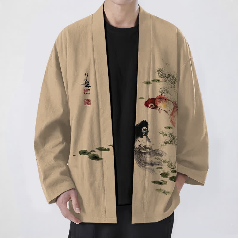 Buddha Stones Kimono de hombre de algodón rojo y negro con estampado de loto koi y frente abierto - Broncearse - US/UK/AU48, UE58 (4XL) - image 6