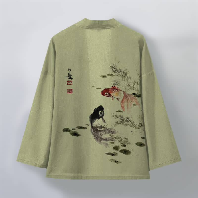 Buddha Stones Kimono de hombre de algodón rojo y negro con estampado de loto koi y frente abierto - image 11