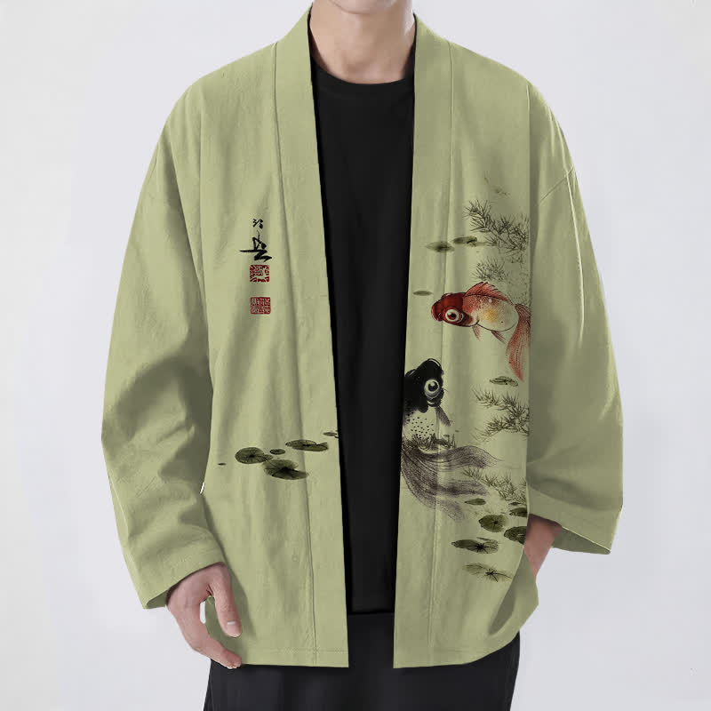 Buddha Stones Kimono de hombre de algodón rojo y negro con estampado de loto koi y frente abierto - Verde amarillento - US/UK/AU48, UE58 (4XL) - image 9