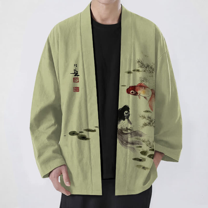 Buddha Stones Kimono de hombre de algodón rojo y negro con estampado de loto koi y frente abierto - Verde amarillento - US/UK/AU48, UE58 (4XL) - image 9