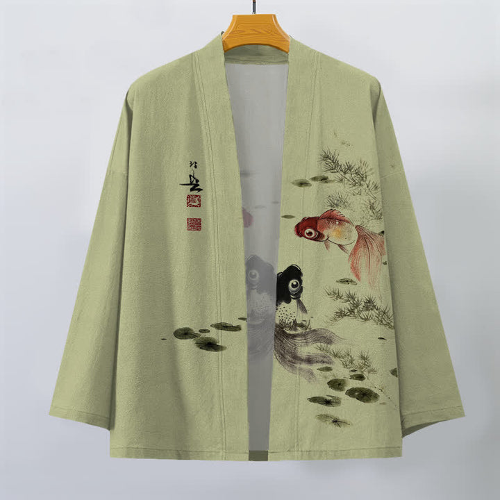 Buddha Stones Kimono de hombre de algodón rojo y negro con estampado de loto koi y frente abierto - image 10
