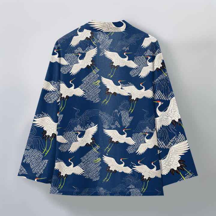 Buddha Stones Kimono de hombre de algodón blanco con estampado de grullas y abertura frontal. - image 2