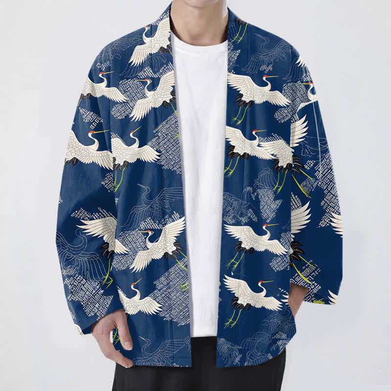 Buddha Stones Kimono de hombre de algodón blanco con estampado de grullas y abertura frontal. - Marina de guerra - US/UK/AU48, UE58 (4XL) - image 0