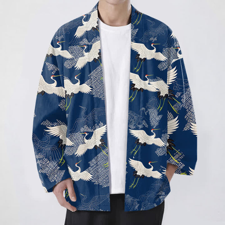 Buddha Stones Kimono de hombre de algodón blanco con estampado de grullas y abertura frontal. - Marina de guerra - US/UK/AU48, UE58 (4XL) - image 0
