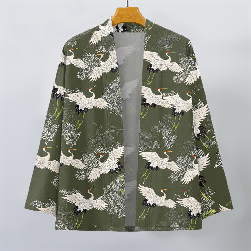 Buddha Stones Kimono de hombre de algodón blanco con estampado de grullas y abertura frontal. - image 7