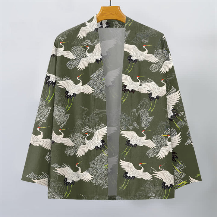 Buddha Stones Kimono de hombre de algodón blanco con estampado de grullas y abertura frontal. - image 7
