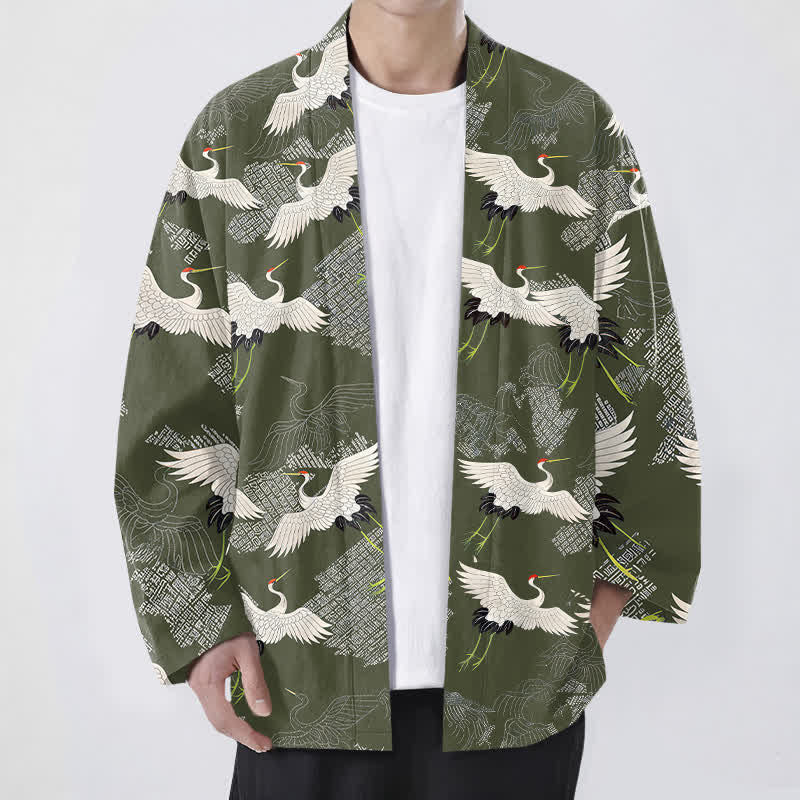 Buddha Stones Kimono de hombre de algodón blanco con estampado de grullas y abertura frontal. - Verde oliva - US/UK/AU48, UE58 (4XL) - image 6