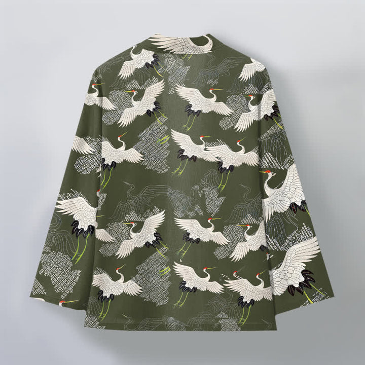Buddha Stones Kimono de hombre de algodón blanco con estampado de grullas y abertura frontal. - image 8