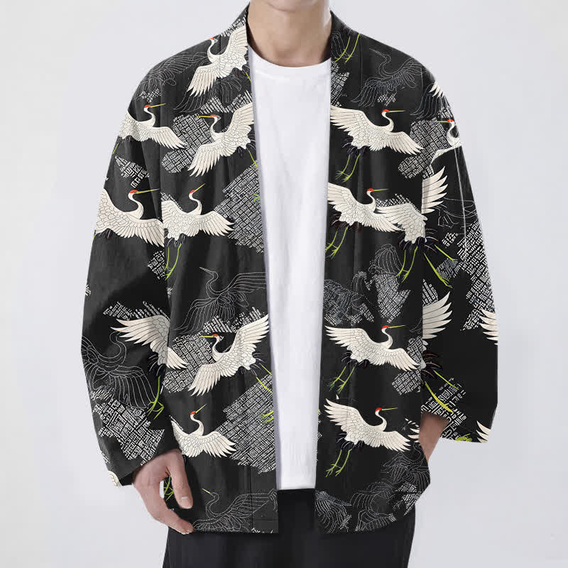 Buddha Stones Kimono de hombre de algodón blanco con estampado de grullas y abertura frontal. - Negro - US/UK/AU48, UE58 (4XL) - image 9