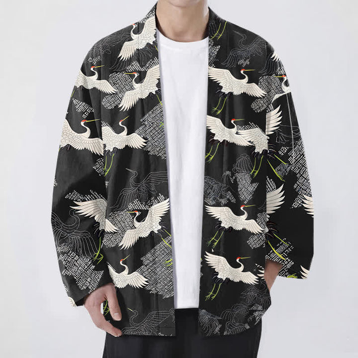 Buddha Stones Kimono de hombre de algodón blanco con estampado de grullas y abertura frontal. - Negro - US/UK/AU48, UE58 (4XL) - image 9