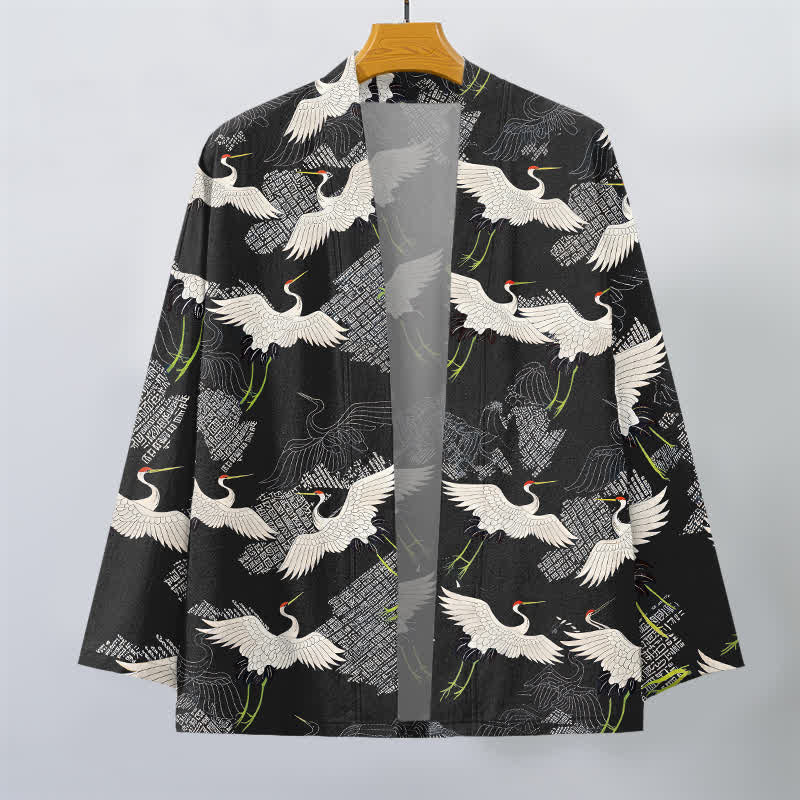 Buddha Stones Kimono de hombre de algodón blanco con estampado de grullas y abertura frontal. - image 10