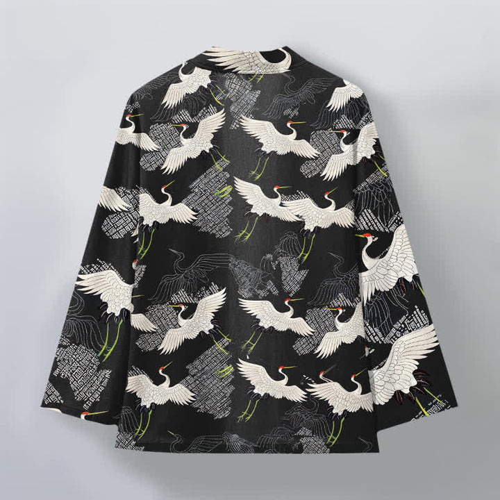 Buddha Stones Kimono de hombre de algodón blanco con estampado de grullas y abertura frontal. - image 11