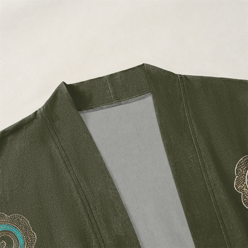 Buddha Stones Kimono de algodón con estampado de grulla dorada y nube marina, abertura frontal para hombre. - image 3