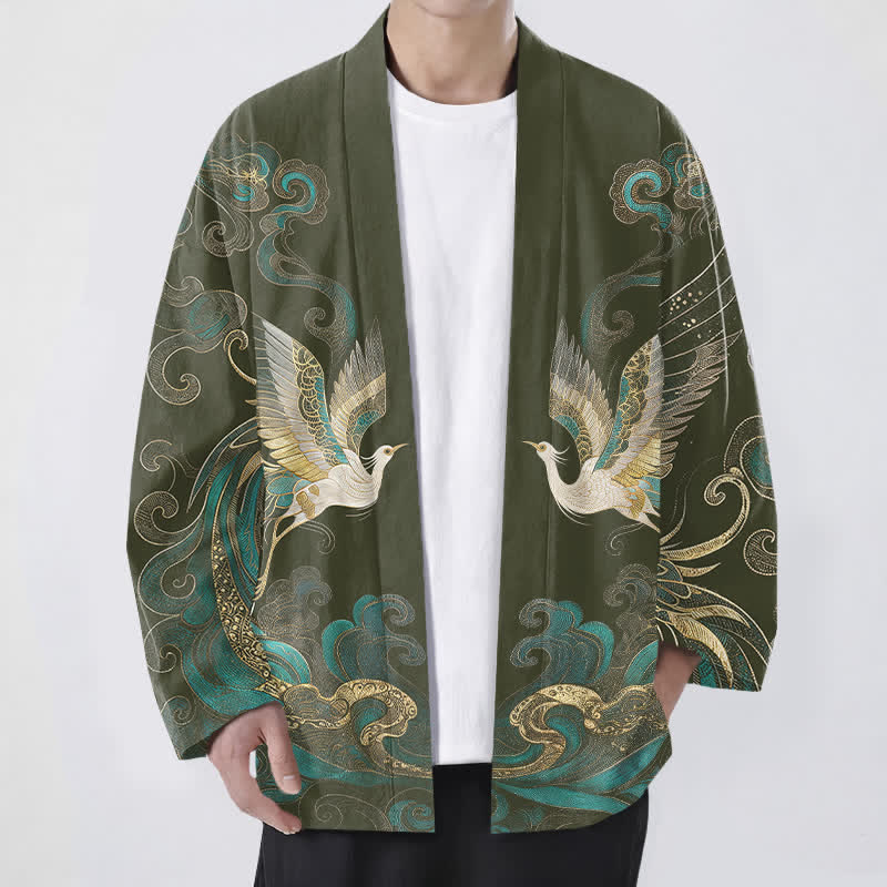 Buddha Stones Kimono de algodón con estampado de grulla dorada y nube marina, abertura frontal para hombre. - Verde oliva oscuro - US/UK/AU48, UE58 (4XL) - image 0