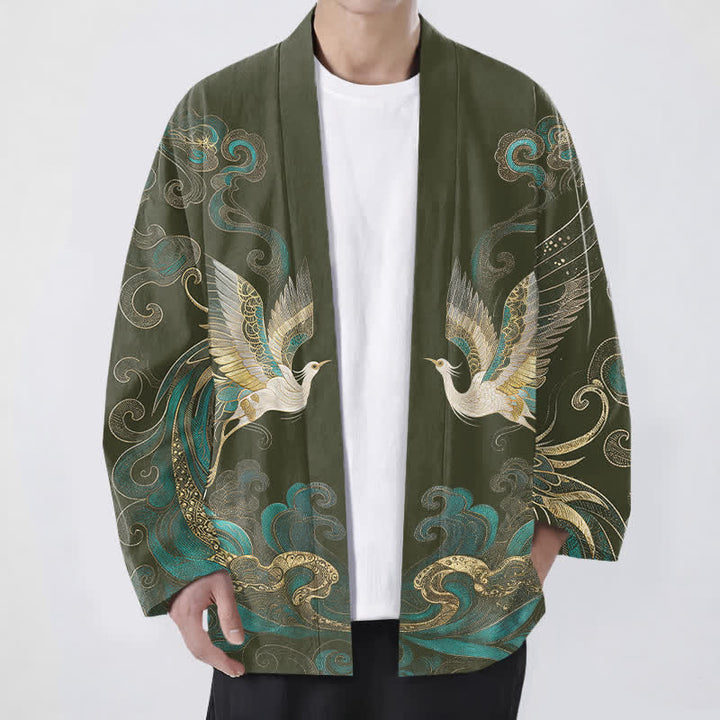 Buddha Stones Kimono de algodón con estampado de grulla dorada y nube marina, abertura frontal para hombre. - Verde oliva oscuro - US/UK/AU48, UE58 (4XL) - image 0