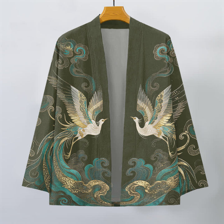Buddha Stones Kimono de algodón con estampado de grulla dorada y nube marina, abertura frontal para hombre. - image 1