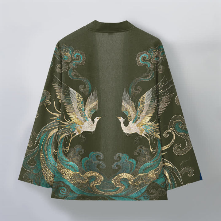 Buddha Stones Kimono de algodón con estampado de grulla dorada y nube marina, abertura frontal para hombre. - image 2