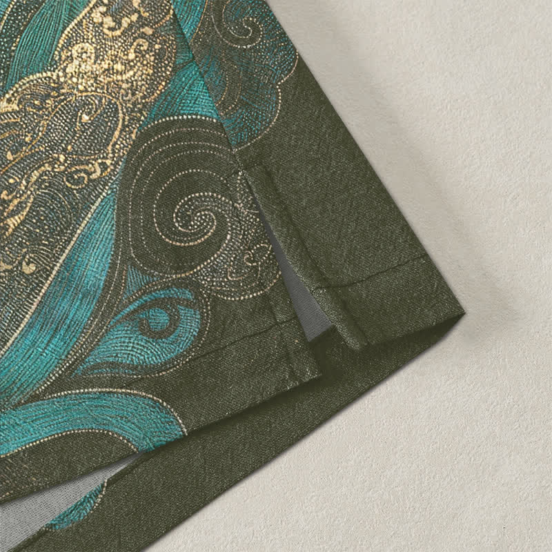 Buddha Stones Kimono de algodón con estampado de grulla dorada y nube marina, abertura frontal para hombre. - image 4