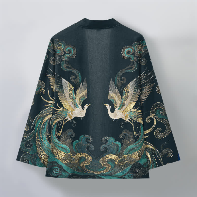 Buddha Stones Kimono de algodón con estampado de grulla dorada y nube marina, abertura frontal para hombre. - image 8