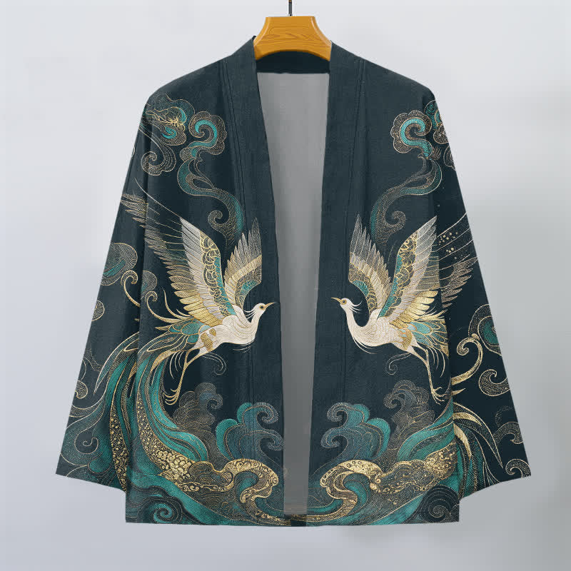 Buddha Stones Kimono de algodón con estampado de grulla dorada y nube marina, abertura frontal para hombre. - image 7