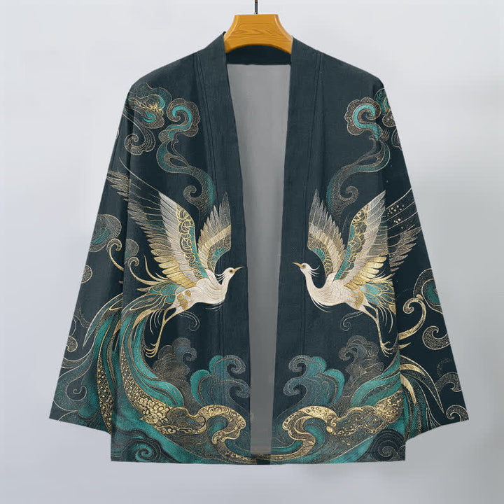 Buddha Stones Kimono de algodón con estampado de grulla dorada y nube marina, abertura frontal para hombre. - image 7