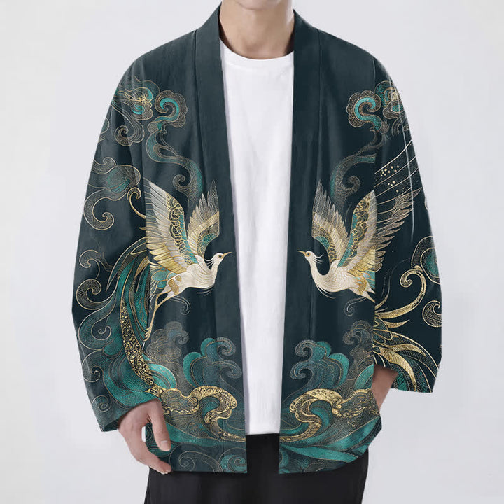 Buddha Stones Kimono de algodón con estampado de grulla dorada y nube marina, abertura frontal para hombre. - Verde azulado - US/UK/AU48, UE58 (4XL) - image 6
