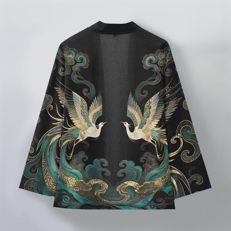 Buddha Stones Kimono de algodón con estampado de grulla dorada y nube marina, abertura frontal para hombre. - image 11