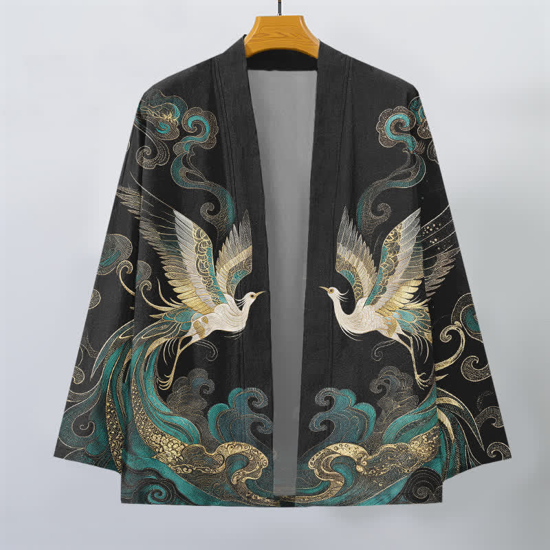 Buddha Stones Kimono de algodón con estampado de grulla dorada y nube marina, abertura frontal para hombre. - image 10