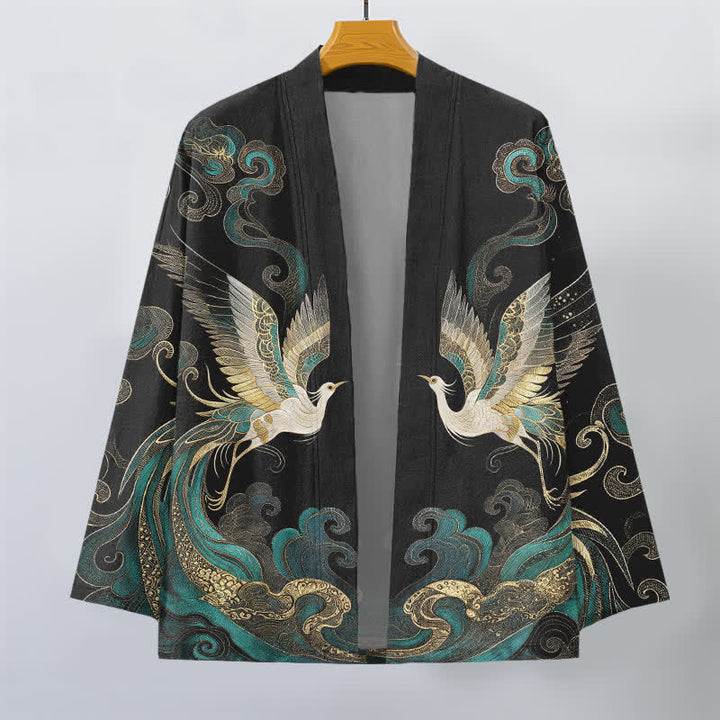 Buddha Stones Kimono de algodón con estampado de grulla dorada y nube marina, abertura frontal para hombre. - image 10