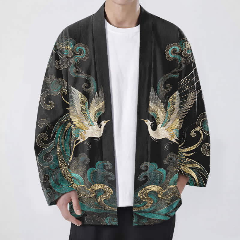 Buddha Stones Kimono de algodón con estampado de grulla dorada y nube marina, abertura frontal para hombre. - Negro - US/UK/AU48, UE58 (4XL) - image 9