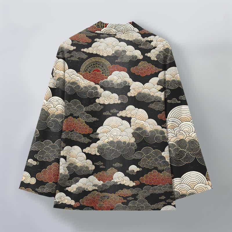 Buddha Stones Kimono de algodón con estampado de nubes y mareas auspiciosas y frente abierto para hombre - image 2