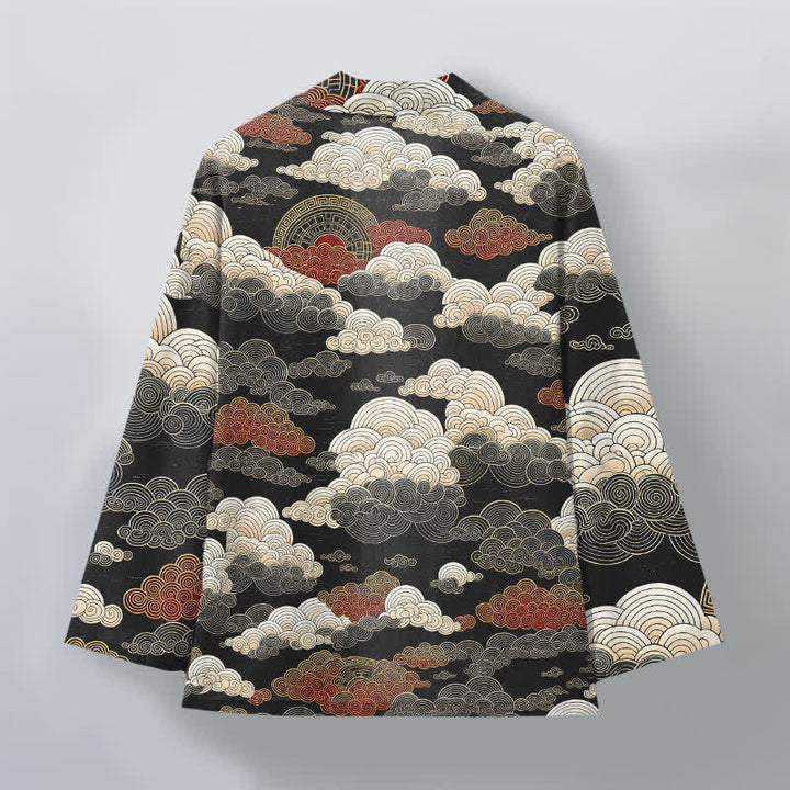 Buddha Stones Kimono de algodón con estampado de nubes y mareas auspiciosas y frente abierto para hombre - image 2