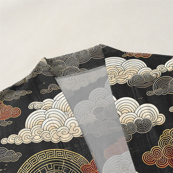 Buddha Stones Kimono de algodón con estampado de nubes y mareas auspiciosas y frente abierto para hombre - image 3