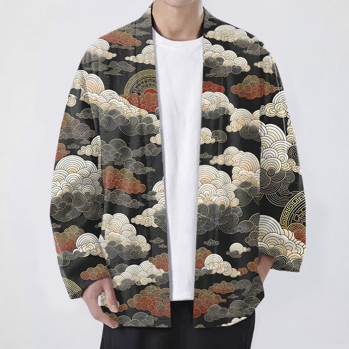 Buddha Stones Kimono de algodón con estampado de nubes y mareas auspiciosas y frente abierto para hombre - Negro - US/UK/AU48, UE58 (4XL) - image 0