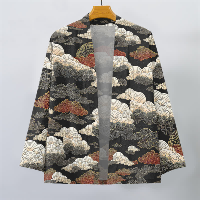 Buddha Stones Kimono de algodón con estampado de nubes y mareas auspiciosas y frente abierto para hombre - image 1
