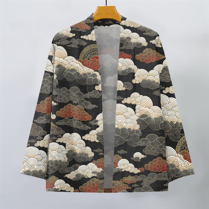 Buddha Stones Kimono de algodón con estampado de nubes y mareas auspiciosas y frente abierto para hombre - image 1