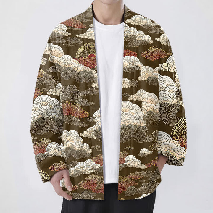 Buddha Stones Kimono de algodón con estampado de nubes y mareas auspiciosas y frente abierto para hombre - Marrón silla de montar - US/UK/AU48, UE58 (4XL) - image 6