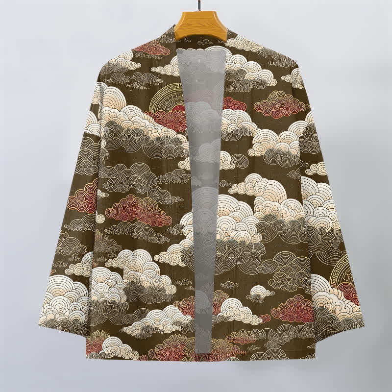 Buddha Stones Kimono de algodón con estampado de nubes y mareas auspiciosas y frente abierto para hombre - image 7